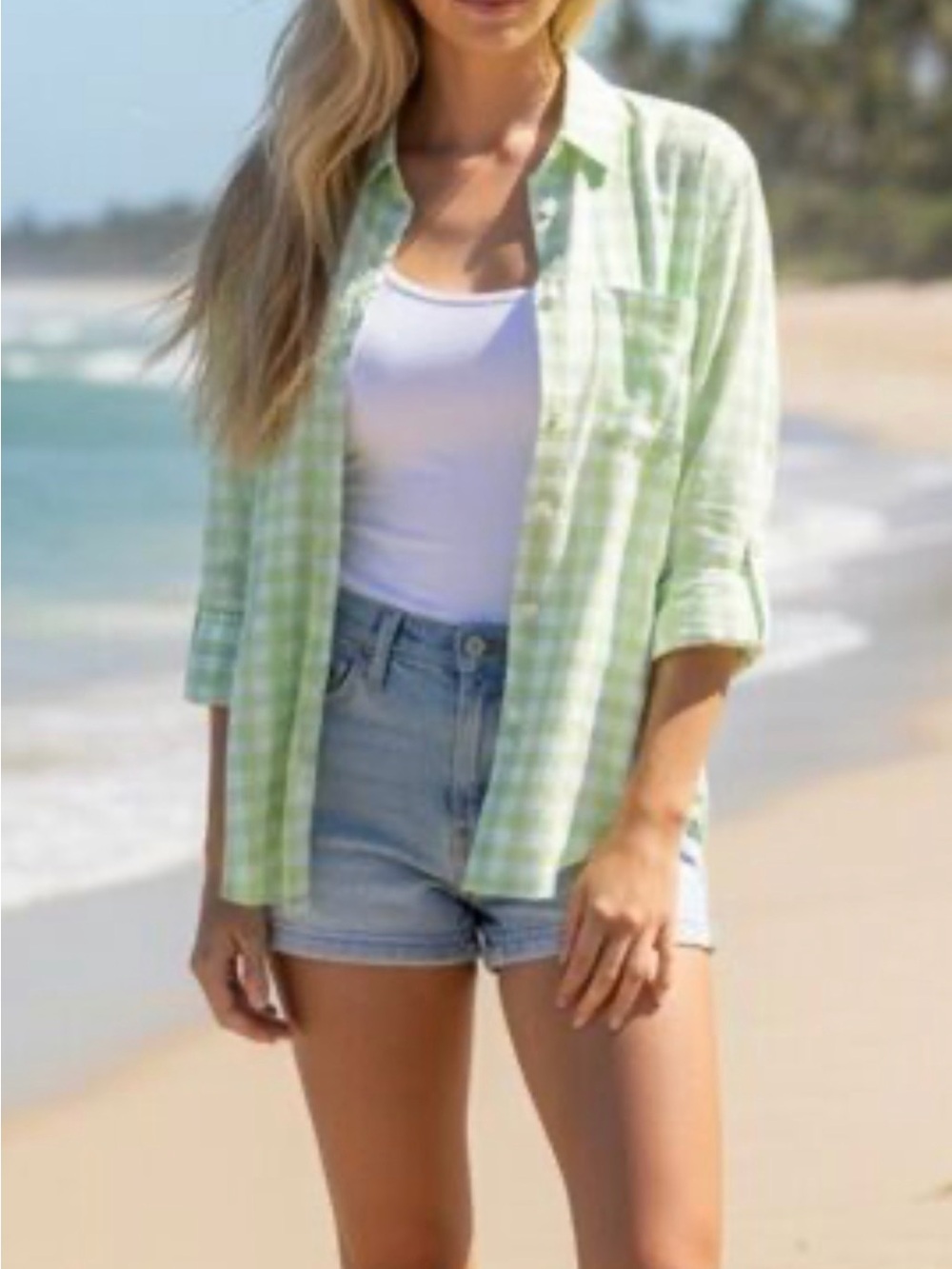 Pomander Place Adair Boyfriend Gingham Button Down Shirt Green XXL